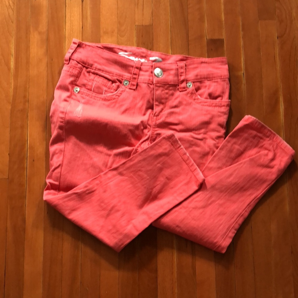 Coral midrise crop jeans distressed